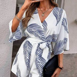 Tropical Leaves Print Surplice Neck Batwing Sleeve Belted Jumpsuit